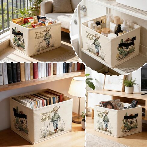 Western Cowboy Nursery Storage Bins Box with Handles, Rustic Cactus Little Cowboy Foldable Basket Toybox for Kids Boys Nursery Room Playroom Bathroom Home Clothes Toys Books in Kuwait