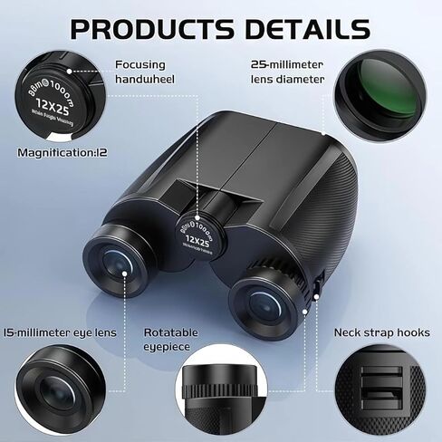 12x25 Compact Binoculars for Adults & Kids, Waterproof Scope with Large Eyepiece & Low Light Vision, High Powered Easy Focus Binoculars for Bird Watching, Hunting, Travel, Sightseeing in Saudi Arabia