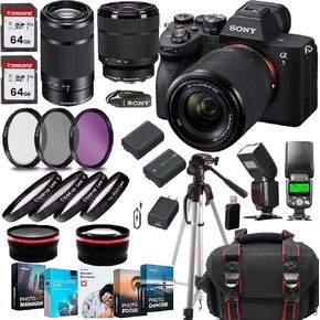 كاميرا Sony a7 IV بدون مرآة FE مقاس 28-70 مم f/3.5-5.6 عدسة OSS E 55-210 مم f/4.5-6.3 عدسة OSS + حافظة + بطاقات ذاكرة 128 جيجا + فلاش TTL + حامل ثلاثي القوائم (17 قطعة) in Kuwait