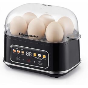 Elite Gourmet EGC314CB جهاز طهي الطعام بالبخار الرقمي سهل البيض، صياد السمك، أومليت، ناعم، متوسط، بيض مسلوق مع 6 وظائف محددة مسبقًا مبرمجة، طبقتان، كوب قياس، خالٍ من البيسفينول A، سعة 14 بيضة، أسود in Kuwait