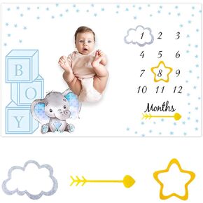 Baby Monthly Milestone Blanket for Boy Cartoon Elephant Blue Star Print Newborn First Year Growth Mat Baby Shower Memory Picture Recording Blanket 60"x40" with Frame in Kuwait