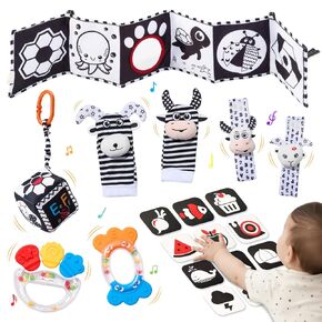 JoyCat Baby Toys 0-6 Months, 6-in-1 Newborn Sensory Toy Set with High Contrast Cards & Sensory Cloth, Wrist and Ankle Rattles, Baby Rattle, Hanging Cube and Teether, Baby Shower Gift for Boys Girls in Kuwait