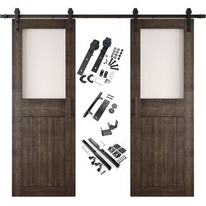 Ebony 48 x 84 in. Sliding Barn Door, Set of 2 Doors, Half Lite Frosted Glass, Assembly Required, with 18 ft Double Door Hardware Kit, Non-Bypass, Interior Use in Saudi Arabia
