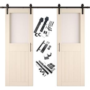 Tinsmith Gray 36 × 84 بوصة. باب الحظيرة المنزلق، مجموعة من بابين، نصف زجاج بلوري خفيف، التجميع مطلوب، مع مجموعة أدوات باب مزدوج بطول 13 قدمًا، غير تجاوز، استخدام داخلي in Saudi Arabia