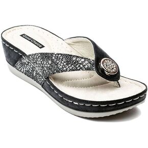 G.C. Shoes Dafni Wedge Sandals - Cushioned Footbed Rhinestone Detailing in Faux Leather with Rubber Sole in Kuwait
