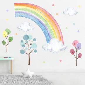 Mfault Watercolor Rainbow Wall Decals Stickers, Pastel Cloud Tree Polka Dots Baby Nursery Decor Bedroom Art, Cute Kids Toddler Room Playroom Home Decorations in Kuwait