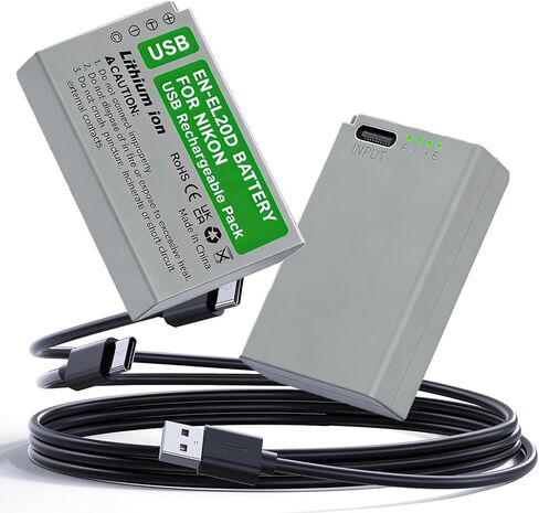 2 حزمة بطاريات EN-EL20، EN-EL20a لنيكون Coolpix P950، P1000، P1100، DL24-500، Coolpix A، 1 AW1، 1 J1، 1 J2، 1 J3، 1 S1، 1 V3 كاميرا رقمية مع كابل شحن سريع USB-C in Kuwait