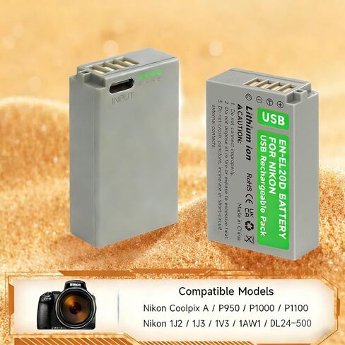 2 حزمة بطاريات EN-EL20، EN-EL20a لنيكون Coolpix P950، P1000، P1100، DL24-500، Coolpix A، 1 AW1، 1 J1، 1 J2، 1 J3، 1 S1، 1 V3 كاميرا رقمية مع كابل شحن سريع USB-C in Kuwait