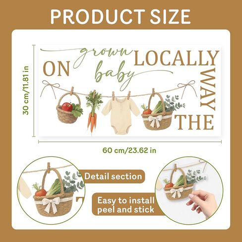 Locally Grown Baby on The Way Decal - Fruit and Vegetables Farmers Market Baby Shower Decorations - Pregnancy Announcement Party Decorations Brown & Green in Kuwait