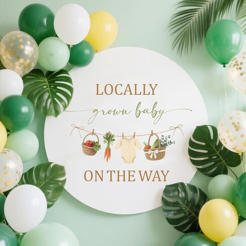 Locally Grown Baby on The Way Decal - Fruit and Vegetables Farmers Market Baby Shower Decorations - Pregnancy Announcement Party Decorations Brown & Green in Kuwait