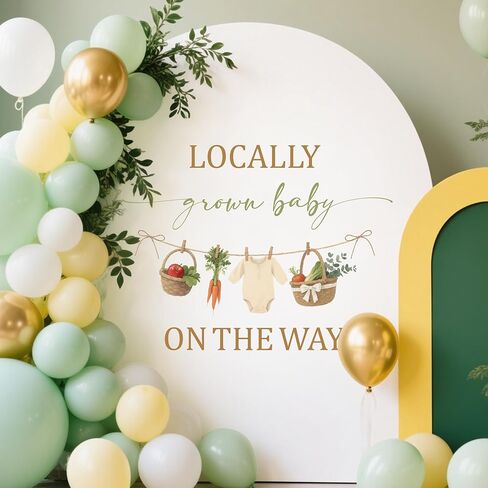 Locally Grown Baby on The Way Decal - Fruit and Vegetables Farmers Market Baby Shower Decorations - Pregnancy Announcement Party Decorations Brown & Green in Kuwait