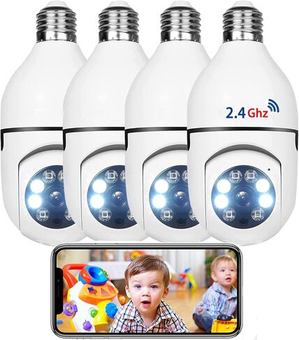 4PACK كاميرا الأمن لمبة الإضاءة، كاميرا الأمن لمبة الإضاءة في الهواء الطلق، كاميرا الأمن لمبة مع رؤية ليلية ملونة، الحديث في اتجاهين، تسجيل 7/24، تتبع الحركة، متوافق مع اليكسا in Kuwait