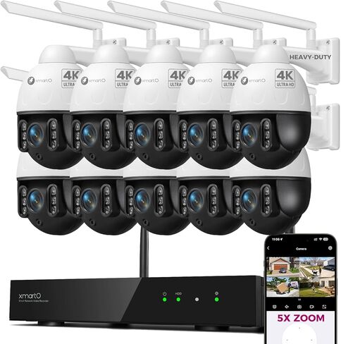 حزمة نظام كاميرا أمان xmartO 4K 8MP للخدمة الشاقة 5X Zoom، 10 قنوات WiFi 6 NVR و10 PTZ، تتبع تلقائي AI، قبة معدنية مقاومة للتخريب، WiFi6 طويل المدى، IP66 مقاوم للطقس، 0 رسوم شهرية in Kuwait