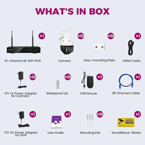 حزمة نظام كاميرا أمان xmartO 4K 8MP للخدمة الشاقة 5X Zoom، 10 قنوات WiFi 6 NVR و10 PTZ، تتبع تلقائي AI، قبة معدنية مقاومة للتخريب، WiFi6 طويل المدى، IP66 مقاوم للطقس، 0 رسوم شهرية in Kuwait