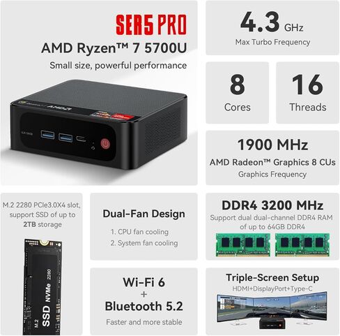 كمبيوتر صغير Beelink SER5، معالج AMD Ryzen 7 5800H، كمبيوتر صغير مع ذاكرة الوصول العشوائي DDR4 سعة 16 جيجا بايت/500 جيجا بايت M.2 NVMe 2280 SSD، 4K FPS/شاشة عرض ثلاثية الشاشات/WiFi 6/BT5.2/دعم التشغيل التلقائي in Kuwait
