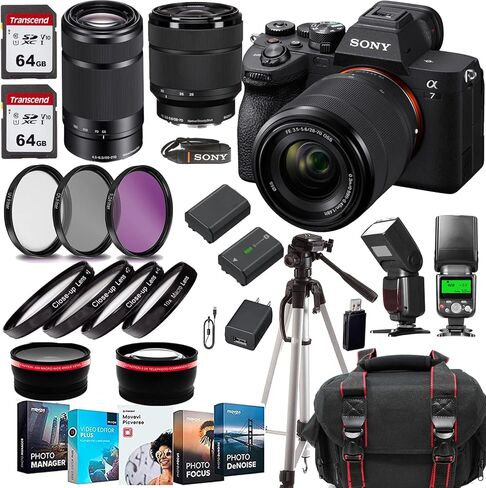 Sony a7 IV Mirrorless Camera FE 28-70mm f/3.5-5.6 OSS Lens E 55-210mm f/4.5-6.3 OSS Lens+Case+128 GIG Memory Cards+TTL Flash+Tripod(17PC) Bundle in Kuwait