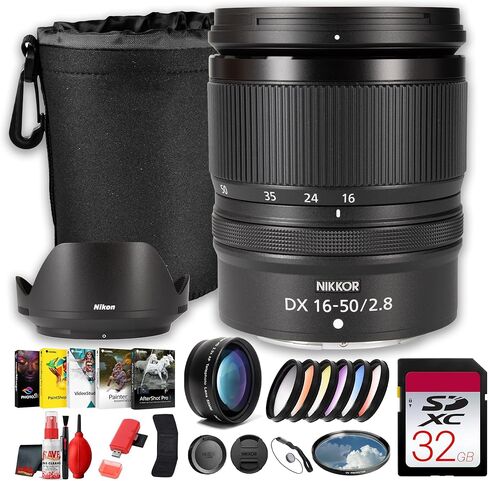 Nikon NIKKOR Z DX 16-50mm f/2.8 VR Standard Zoom Lens, Z Mount APS-C Mirrorless 24-75mm Equivalent, Fast Aperture, Travel Photography Lens Bundle with 32 Gb Memory Card + Filter Kit + More in Kuwait