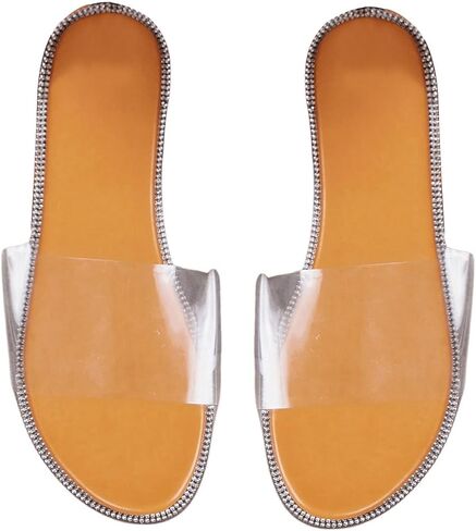 OYOANGLE Women's Clear Strap Flat Sandals Rhinestone Transparent Open Toe Slip on Slides in Kuwait