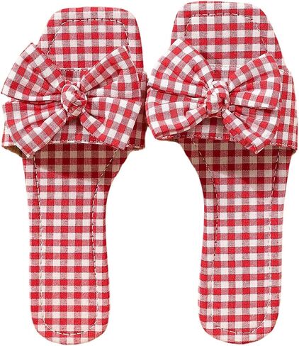 GORGLITTER Women's Cute Flat Sandals Boho Bow Gingham Square Open Toe Summer Vacation Dressy 2026 Slip On Slide Shoes in Saudi Arabia