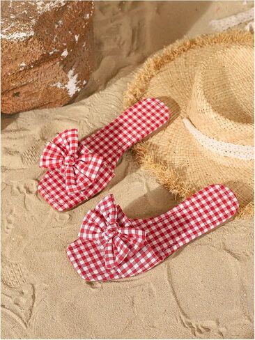 GORGLITTER Women's Cute Flat Sandals Boho Bow Gingham Square Open Toe Summer Vacation Dressy 2026 Slip On Slide Shoes in Saudi Arabia