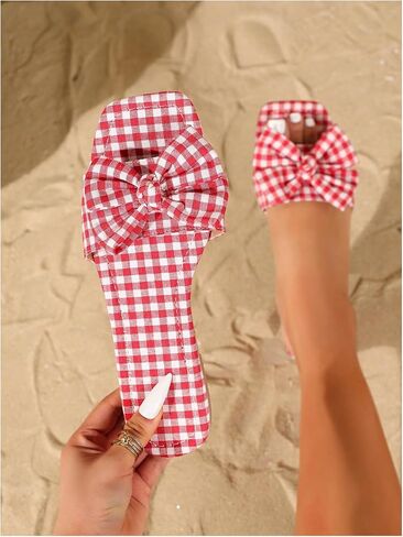 GORGLITTER Women's Cute Flat Sandals Boho Bow Gingham Square Open Toe Summer Vacation Dressy 2026 Slip On Slide Shoes in Saudi Arabia