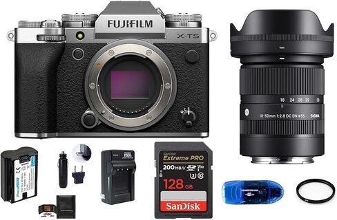هيكل الكاميرا الرقمية FUJIFILM X-T5 (فضي) مع حزمة عدسة Sigma 18-50mm f/2.8، تتضمن: بطاقة ذاكرة SanDisk Extreme PRO SDXC بسعة 128 جيجابايت، وبطارية احتياطية والمزيد (8 عناصر) in Kuwait