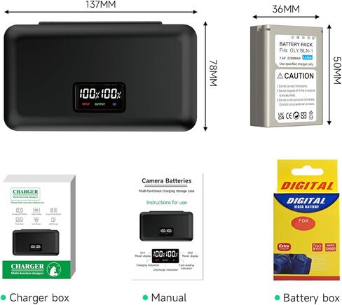 BLN-1 Replacement Battery and Charger, 2 Pack 2280mAh OM-D E-M5 Battery for Olympus BLN-1, BCN-1 and Olympus OM-D E-M1, OM-D E-M5, Pen E-P5, Pen-F, Pen E-P5, HLD-6 Digital Camera in Kuwait