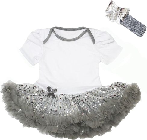 Petitebella White Bodysuit Grey Sequins Tutu Baby Dress Nb-18m in Kuwait