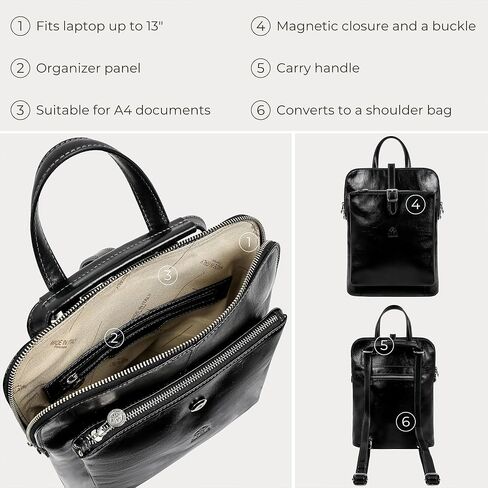 Time Resistance Leather Backpack Convertible to Shoulder Bag Full Grain Real Leather Travel Satchel Rucksack (Black) in Saudi Arabia