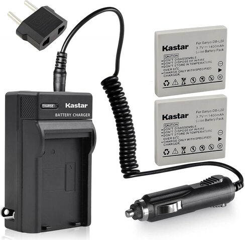 Kastar Battery (X2) & AC Travel Charger for Sanyo DB-L20 and Sanyo VPC-C40, VPC-C5, VPC-C6, VPC-CA6, VPC-CA65, VPC-CA8, VPC-CA9, VPC-CG6, VPC-CG65, VPC-CG9, VPC-E1, VPC-E2, VPC-E6, VPC-E7, VPC-S7 in Kuwait