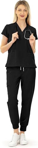 Scrubs for Women Set, Medical Uniform, Stretch Slim Fit V-Neck Scrub Top & Jogger Pant with 9 Pockets in Saudi Arabia