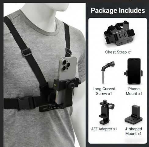 5 PCS Chest Mount Strap for Action Cameras and Phone - Include Chest Strap, Long Curved Screw, AEE Adapter, Phone Holder, J-Hook Mount, Compatible with All Action Cameras and Smartphone in Kuwait