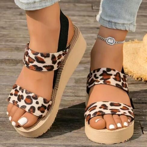 Women's Leopard Print Sandals Wedge Heel EVA Elastic Band Sandals in Kuwait