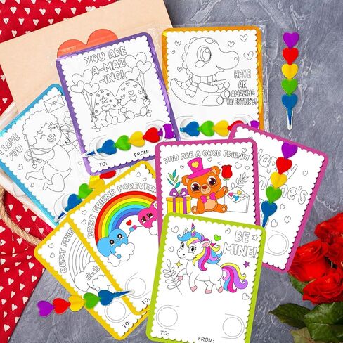 Valentines Day Cards for Kids School, 24 Stacking Heart Crayons with 24 Valentines Day Insect Coloring Exchange Cards for Kids Classroom Treats Prizes Supplies Valentines Party Favors for Boys Girls in Saudi Arabia