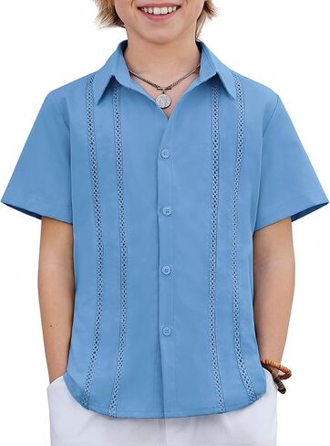 Arshiner Boys Cuban Guayabera Shirt Short Sleeve Button Down Shirt Summer Casual Linen Shirts for Kids 4-12 Years in Saudi Arabia