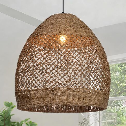 17.7" Boho Rattan Chandelier for Dining Room, 1-Light Hand Woven Pendant Light Fixture with Wicker Lampshade, Coastal Hanging Pendant Lighting for Kitchen Island Bedroom Living Room Nursery in Kuwait