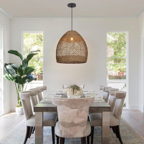 17.7" Boho Rattan Chandelier for Dining Room, 1-Light Hand Woven Pendant Light Fixture with Wicker Lampshade, Coastal Hanging Pendant Lighting for Kitchen Island Bedroom Living Room Nursery in Kuwait