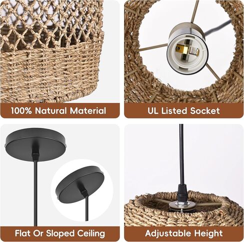 17.7" Boho Rattan Chandelier for Dining Room, 1-Light Hand Woven Pendant Light Fixture with Wicker Lampshade, Coastal Hanging Pendant Lighting for Kitchen Island Bedroom Living Room Nursery in Kuwait