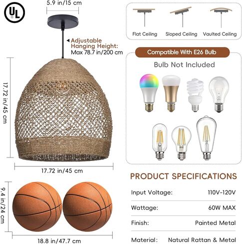 17.7" Boho Rattan Chandelier for Dining Room, 1-Light Hand Woven Pendant Light Fixture with Wicker Lampshade, Coastal Hanging Pendant Lighting for Kitchen Island Bedroom Living Room Nursery in Kuwait