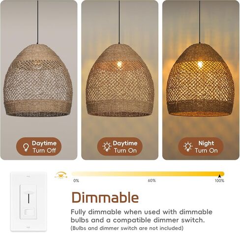 17.7" Boho Rattan Chandelier for Dining Room, 1-Light Hand Woven Pendant Light Fixture with Wicker Lampshade, Coastal Hanging Pendant Lighting for Kitchen Island Bedroom Living Room Nursery in Kuwait