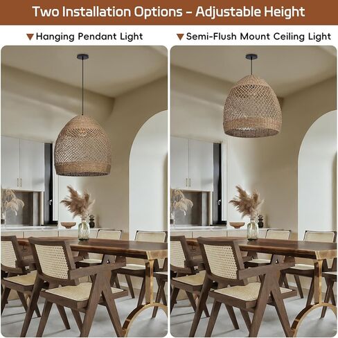 17.7" Boho Rattan Chandelier for Dining Room, 1-Light Hand Woven Pendant Light Fixture with Wicker Lampshade, Coastal Hanging Pendant Lighting for Kitchen Island Bedroom Living Room Nursery in Kuwait