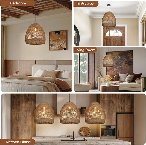 17.7" Boho Rattan Chandelier for Dining Room, 1-Light Hand Woven Pendant Light Fixture with Wicker Lampshade, Coastal Hanging Pendant Lighting for Kitchen Island Bedroom Living Room Nursery in Kuwait