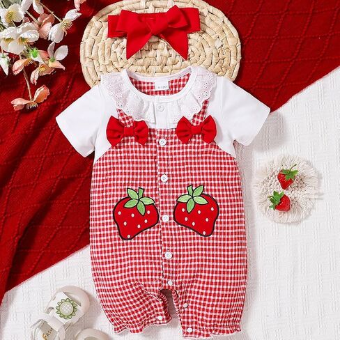 Baby Girls Strawberry Embroidered Gingham Ruffle Collar Romper for 1-18M Infants in Kuwait