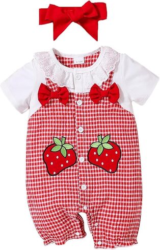 Baby Girls Strawberry Embroidered Gingham Ruffle Collar Romper for 1-18M Infants in Kuwait