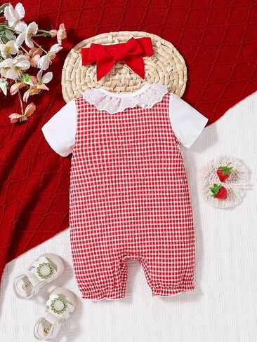 Baby Girls Strawberry Embroidered Gingham Ruffle Collar Romper for 1-18M Infants in Kuwait