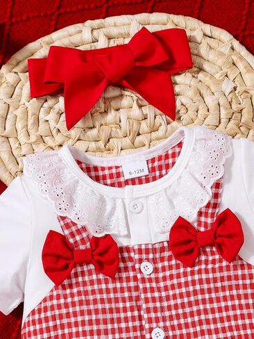 Baby Girls Strawberry Embroidered Gingham Ruffle Collar Romper for 1-18M Infants in Kuwait