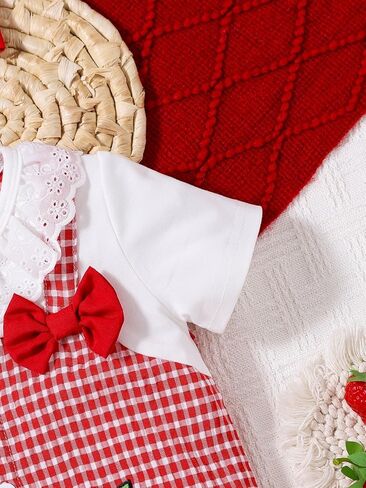 Baby Girls Strawberry Embroidered Gingham Ruffle Collar Romper for 1-18M Infants in Kuwait