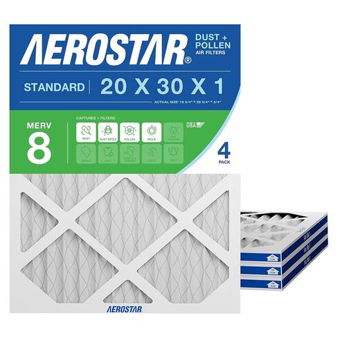 فلتر هواء Aerostar 20x30x1 MERV 8 مطوي، فلتر هواء فرن التيار المتردد، 4 عبوات (الحجم الفعلي: 19 3/4 بوصة × 29 3/4 بوصة × 3/4 بوصة)، أبيض in Saudi Arabia