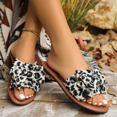 Women's Flat Bow Sandals Slides Leopard Print Sandals Casual Summer Slippers Comfort Open Toe Beach Shoes in Kuwait