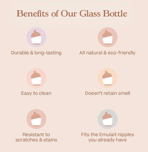 Emulait Glass Classic Baby Bottle for Newborns and Infants, Natural Breast-Like Shape 4, Color Medium, Anti-Colic Venting, Soft Silicone Nipple, Easy-Latch, Glass Nursing Bottle for Feeding, 8oz in Saudi Arabia